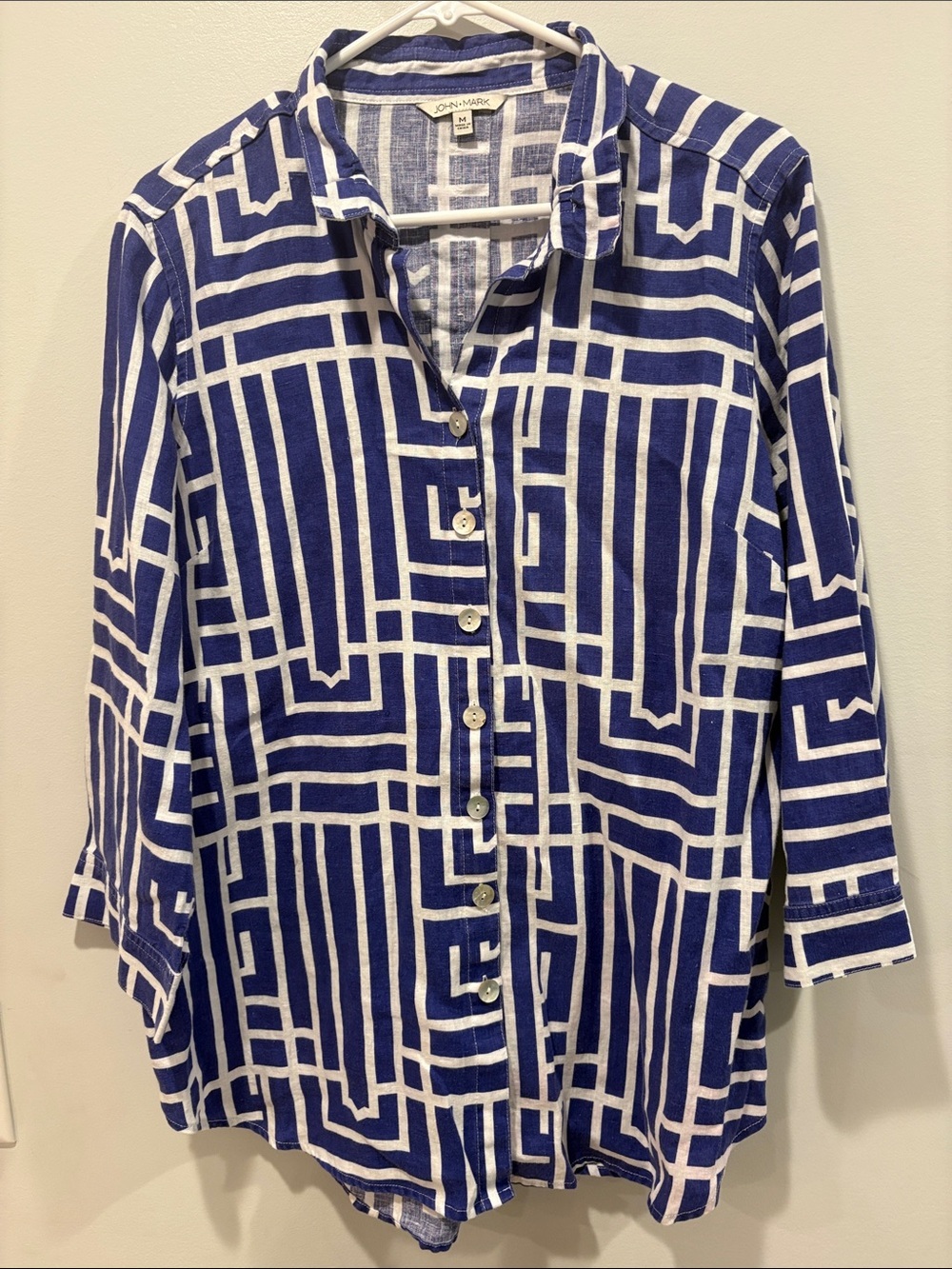 John Mark Blue and White Geometric Button-Up ptp 22 length 30